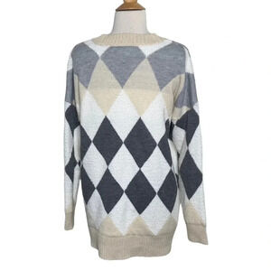 Lane‎ Lauren + Sonoma M oversized cream & grays argyle textured cardigan